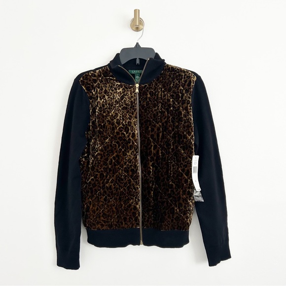 NEW $199 Lauren Ralph Lauren Wool Silk Leopard Quilted Sweater Jacket Size Large - Picture 8 of 8